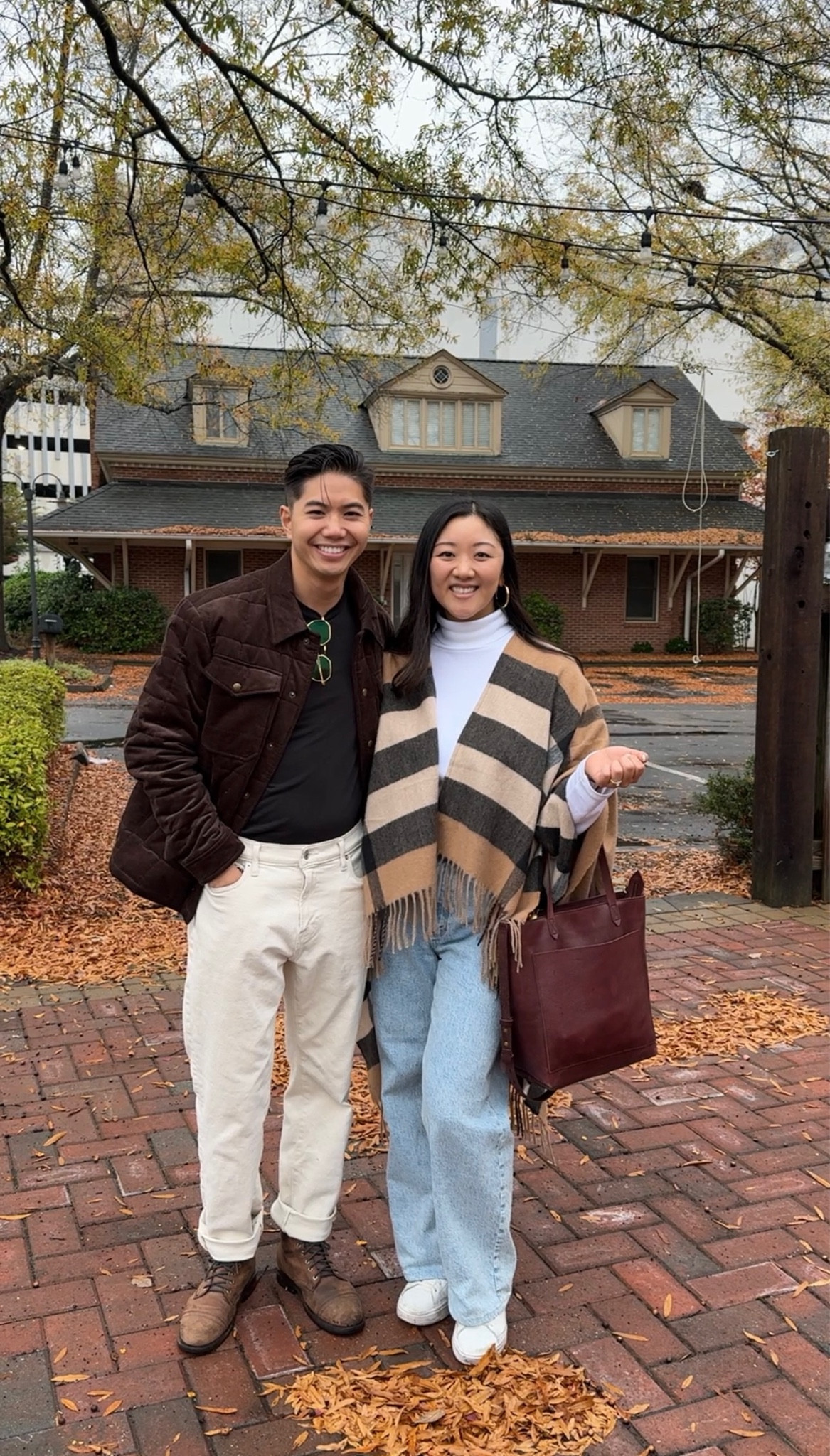 Here's an outfit inspo for you and your partner! I am wearing a white turtleneck longsleeved top, a herringbone poncho, a high-rise denim jeans. George is wearing a solid-colored crew neck t-shirt underneath the quilted corduroy jacket in brown, and cream-colored jeans. All clothing pieces and accessories are linked!
#coupleoutfit #winterstyle #fashioninspo #matchingoutfit

#LTKmens #LTKstyletip #LTKSeasonal