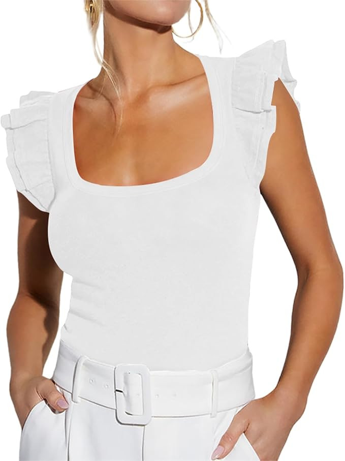 BONITEE Women Summer Ruffle Tops Sexy Square Neck Short Sleeve Shirts Trendy Casual Ribbed Slim F... | Amazon (US)