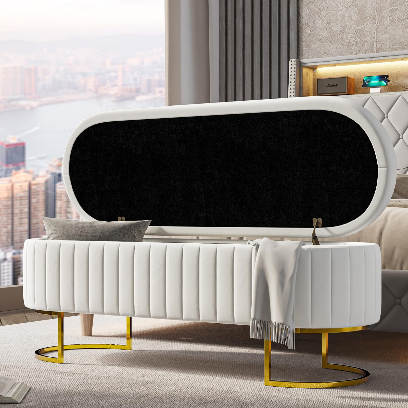 50" Storage Ottoman Bench with 2 Additional Ottomans, End of Bed Bench Bedroom Bench, Upholstered... | Amazon (US)