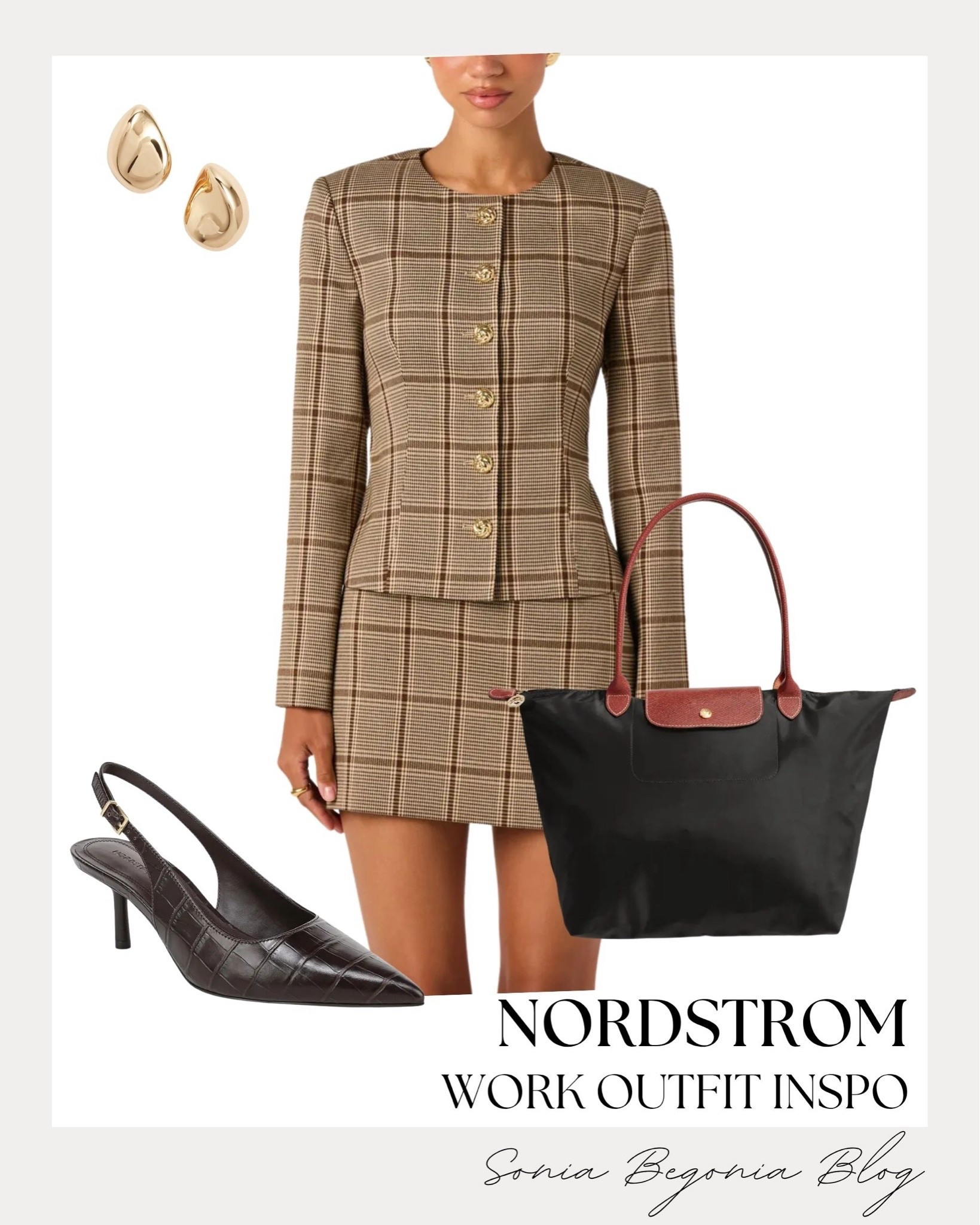 Chic Nordstrom workwear inspo! 💼 I styled a tailored plaid button-front blazer jacket paired with a matching plaid mini skirt for a classic matching set look.
I completed the outfit with dark brown croc-embossed slingback heels, a black tote bag, and sculpted gold earrings. ✨

@nordstrom