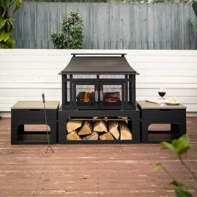 Deko Living 70 Inch Rectangular Outdoor Steel Wood Burning Fireplace with Log Storage, Poker and Side Tables | Wayfair North America