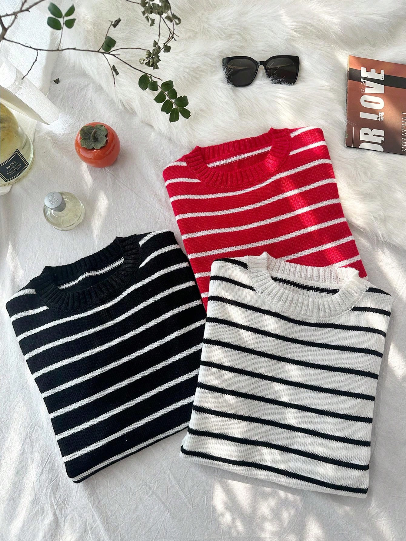 SHEIN SXY 3pcs/Set Women's Simple Basic Round Neck Striped Black, White & Red Long Sleeve Pullove... | SHEIN