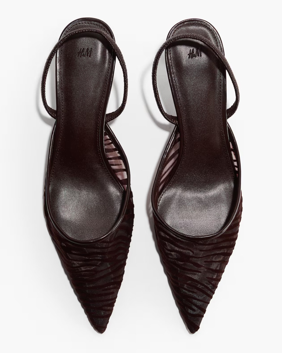 Chocolate broke zebra print mesh pointed toe sling back heels

#LTKSeasonal
