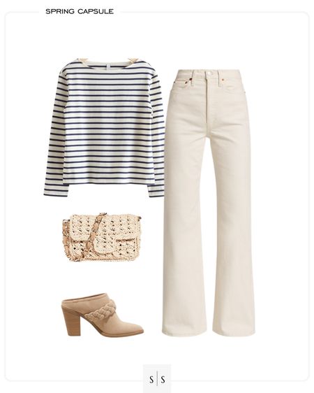 Outfit idea for wide leg full length white jeans! Striped top, crochet bag, heeled mules - Spring style idea - see more Spring capsule outfit ideas on thesarahstories.com ✨

#LTKstyletip #LTKFind