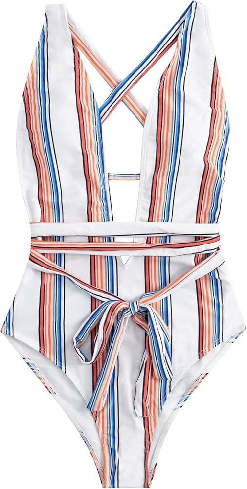 SweatyRocks Women's Sexy Bathing Suits Criss Cross Tie Knot Front Deep V Open Back Leopard One Piece | Amazon (US)