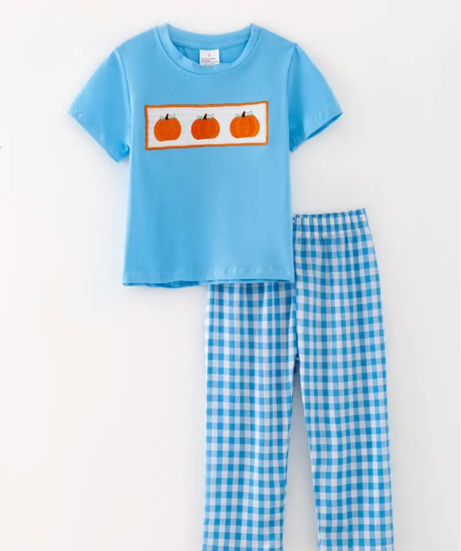 Boys Fall Winter Halloween Solid Color Cotton Pumpkin Embroidered Top, Woven Cotton Plaid Pants Set

#LTKBaby #LTKKids #LTKSeasonal