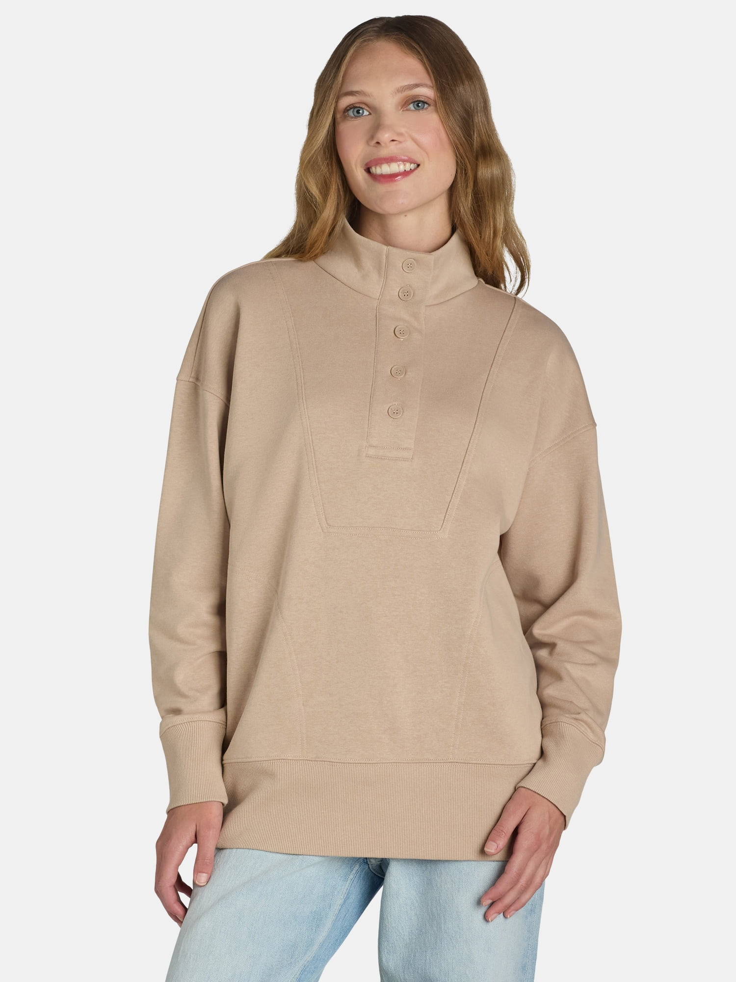 Time and Tru Women's Mock Neck Sweatshirt with Button Placket, Sizes XS-XXXL | Walmart (US)
