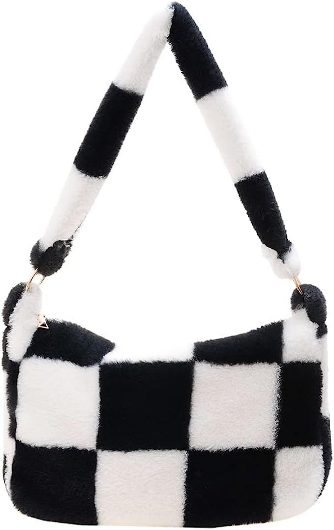 Fluffy Tote Bag Furry Shoulder Bag for Women Black and White Checkered Bag Large Plush Bag Fluffy... | Amazon (US)