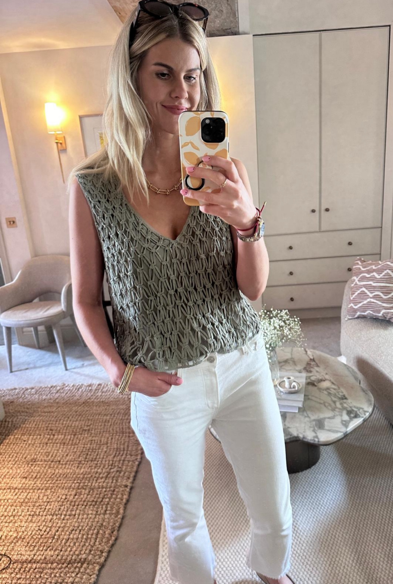 White straight leg jeans with a sage textured top  

#LTKstyletip #LTKireland