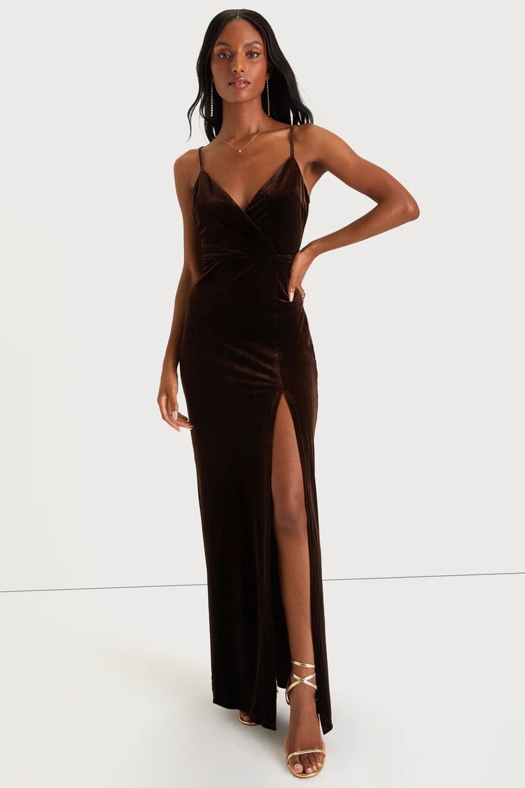 Graceful Glamour Dark Brown Velvet Surplice Maxi Dress | Lulus