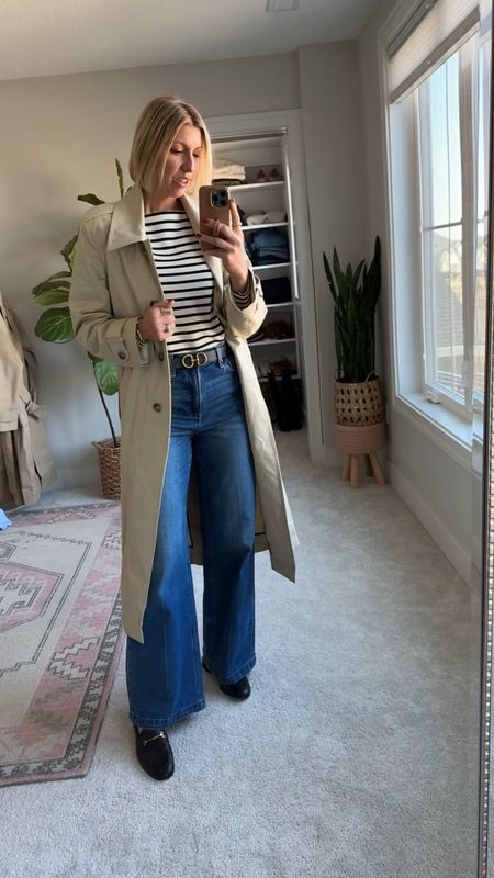 What I’m wearing to church is today! Classic trench, stripe top, wide leg jeans, loafers, belt & crossbody bag.

Wearing my tts small in the stripe tee- use my code:SARAHKELLYXSPANX for 10% off 
Wearing my tts 27 in these amazing high rise jeans. And medium in the trench coat (I like to go up the size in my coats to be able to layer)

#LTKVideo #LTKstyletip #LTKover40