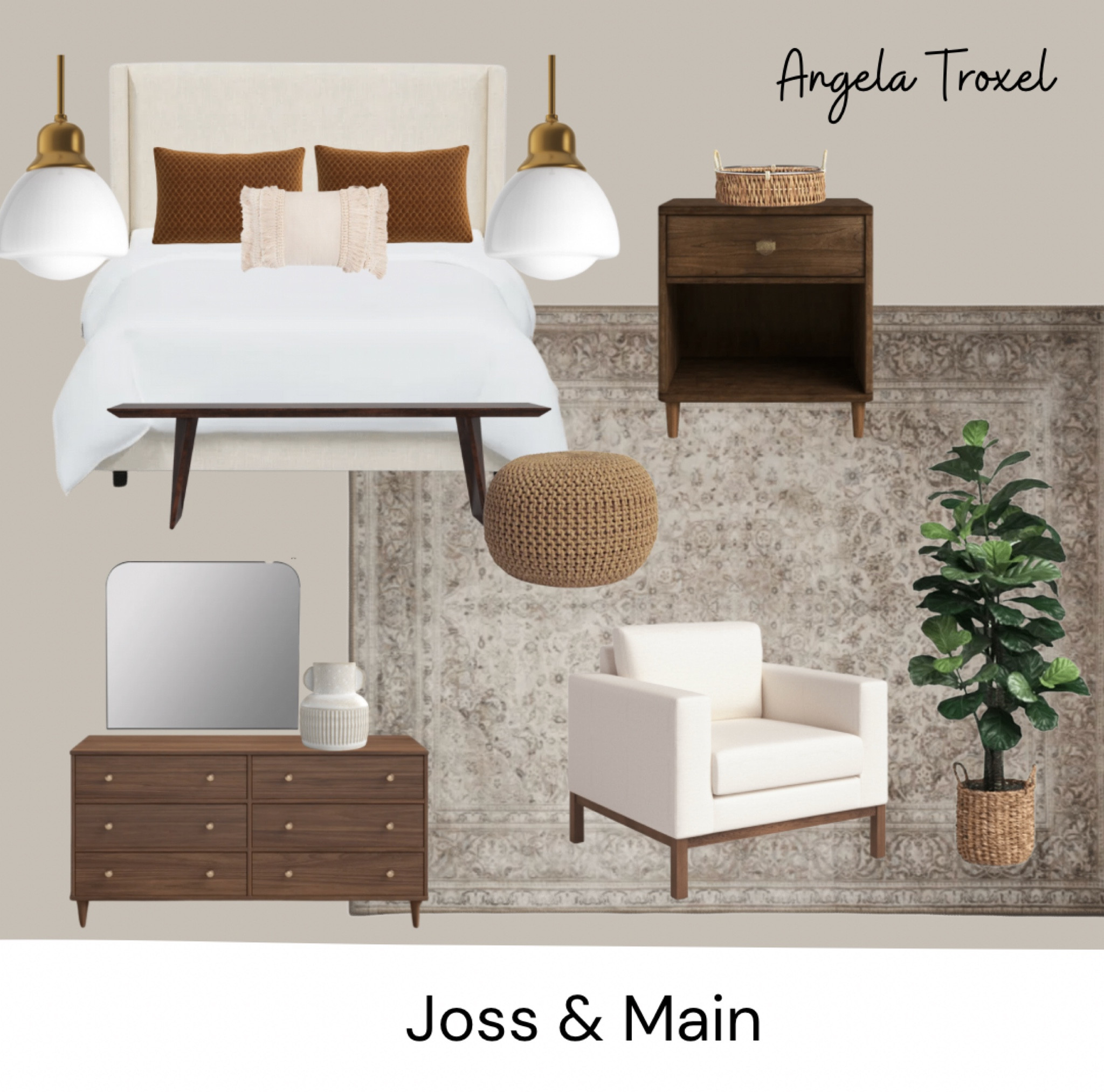 On sale Joss & Main bedroom furniture/ decor. Gold pendant lights, cream/ ivory headboard, wood bench, bedroom rug, fiddle leaf, accent pillows, accent chairs. 

#LTKhome #LTKsalealert #LTKunder100