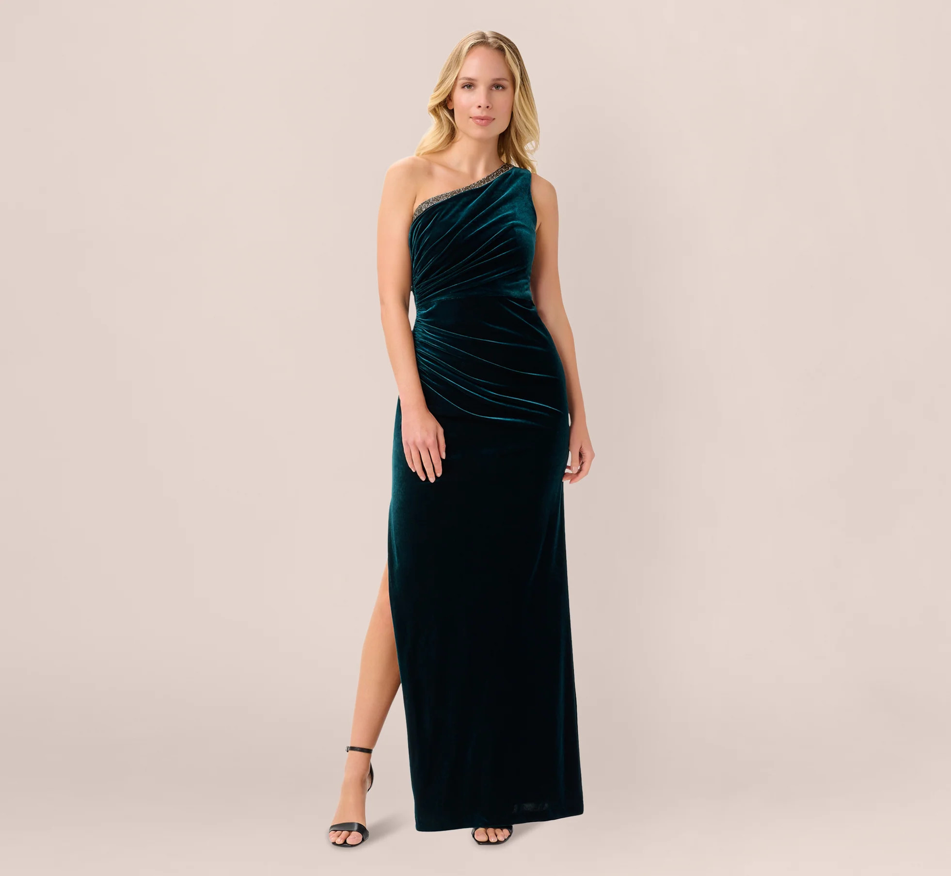 Velvet One Shoulder Gown With Beaded Neckline In Hunter | Adrianna Papell