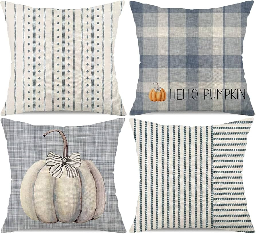Blue Striped Farmhouse Fall Throw Pillow Covers 18x18 Inch Set of 4 Stripes Buffalo Plaid Pumpkin... | Amazon (US)