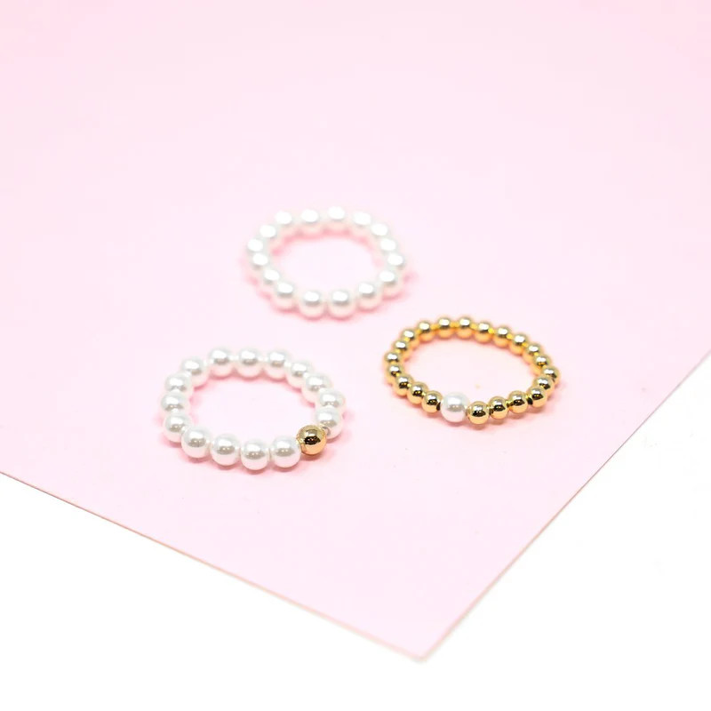 Pearl and Gold Bead Stretch Rings | The Sis Kiss
