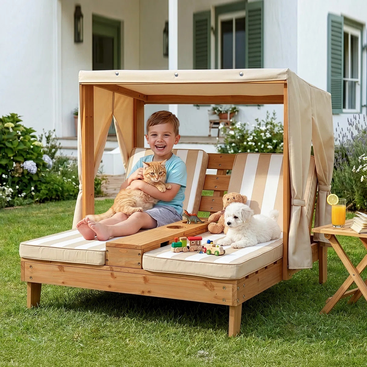 Kids Double Chaise Lounge with Canopy 2-Seater Sunbed with Cup Holder and Brown & White Striped C... | Wayfair North America