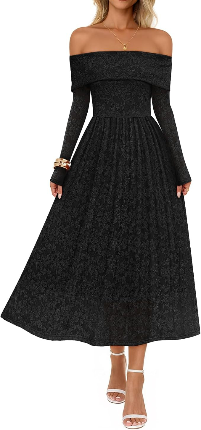 MEROKEETY Women's 2025 Fall Long Sleeve Floral Midi Dress Off Shoulder Wedding Guest Formal Long ... | Amazon (US)