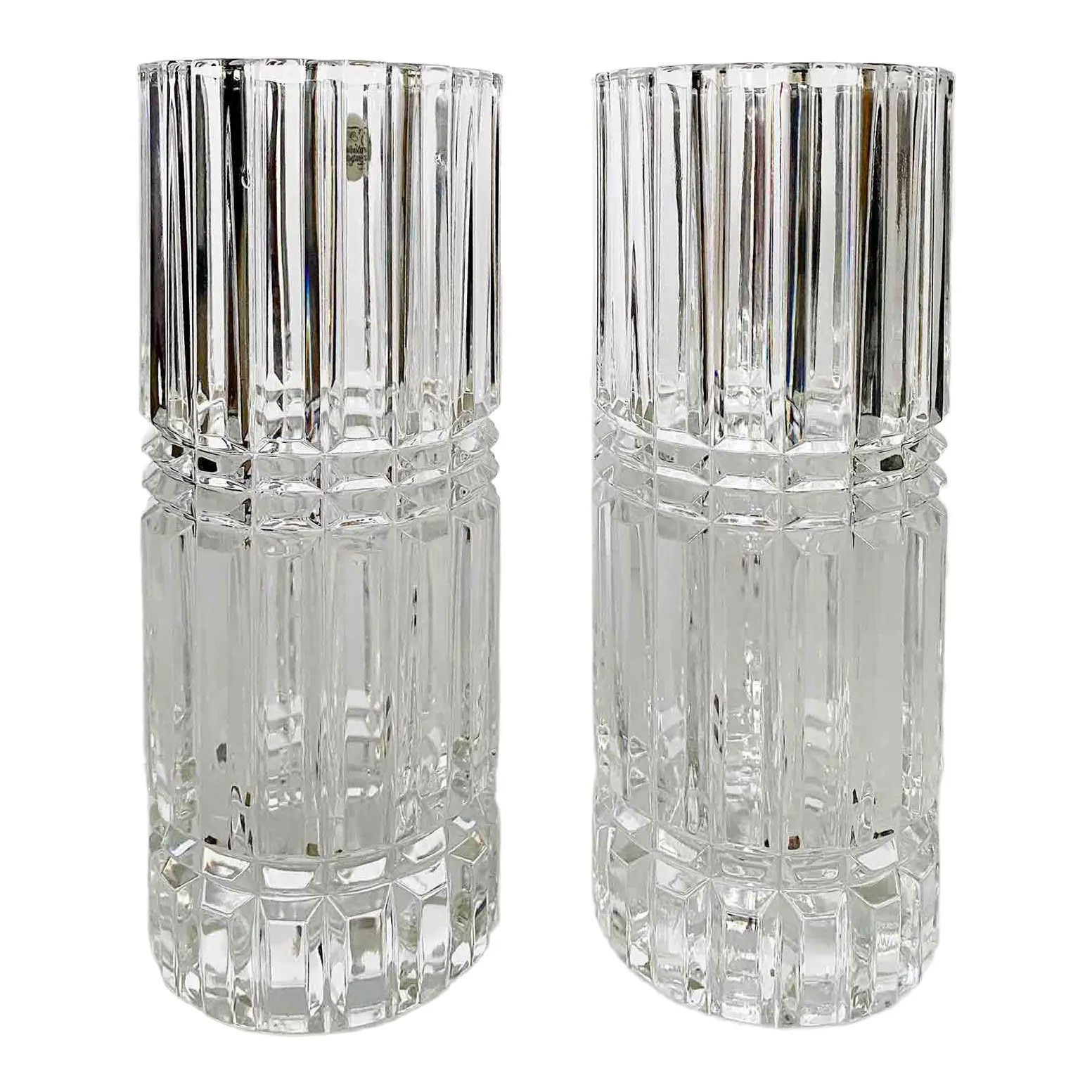 Mid Century French Cut Glass Lead Crystal Cylindrical Vases - a Pair | Chairish