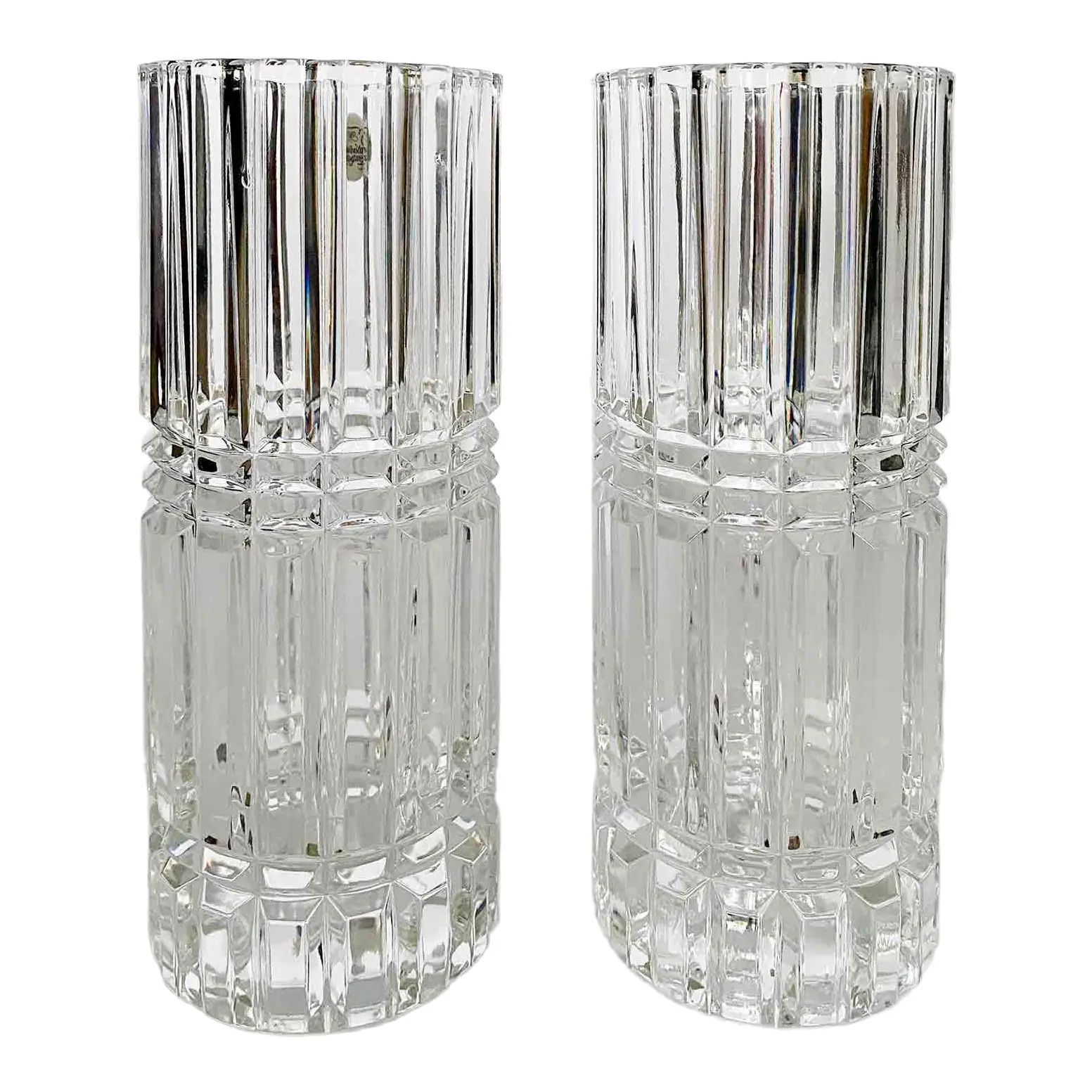 Mid Century French Cut Glass Lead Crystal Cylindrical Vases - a Pair | Chairish