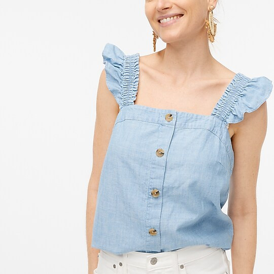 Chambray button-front tank top with ruffle straps | J.Crew Factory