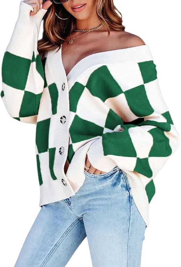 Dokotoo Womens Plaid V Neck Button Down Long Sleeve Cable Knit Oversized Cardigan Sweaters Tops | Amazon (US)