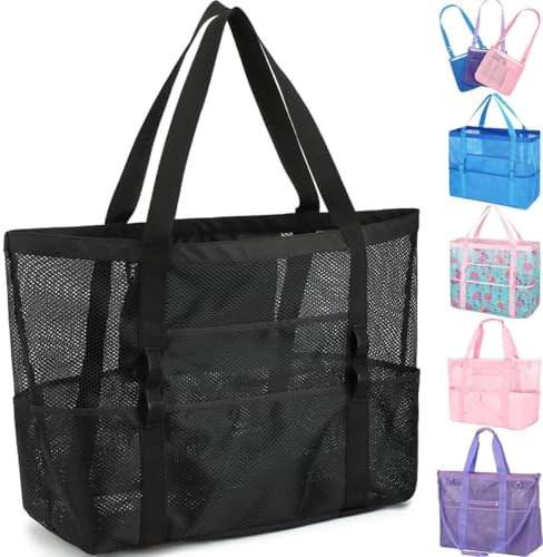 Mesh Beach Bag, Large Beach Tote with Zipper Pocket, Toys Pool Bag for Family Travel Vacation Cru... | Amazon (US)