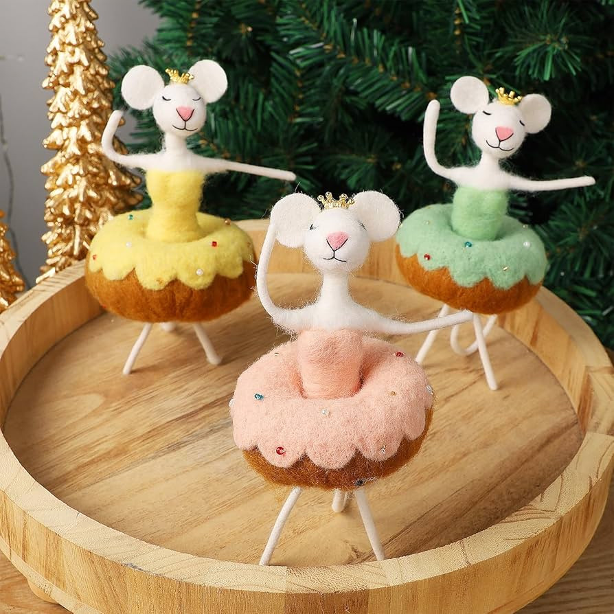 Set of 3 Christmas Felt Dancing Mice Ornaments, 6.7" Tall Hanging Wool Mouse Figurines with Donut... | Amazon (US)