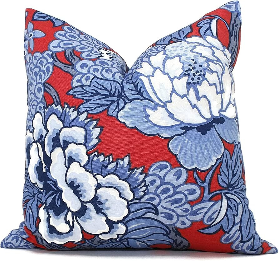 Thibaut Honshu Red and Blue Chinoiserie Floral Decorative Pillow Cover Dot Linen Cushion Cover Vi... | Amazon (US)