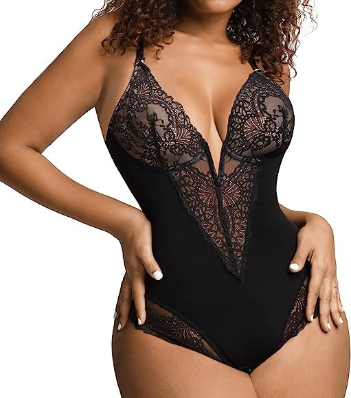 Popilush Lace Shapewear Bodysuit Women Tummy Control Backless Tank Tops V Neck Body Suit Thongs | Amazon (US)