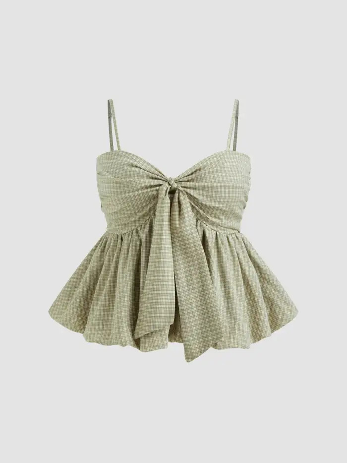 V-neck Check Shirred Knotted Bubble Hem Cami Top Curve & Plus | Cider