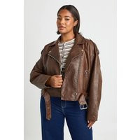 Womens Plus Vintage Faux Leather Crop Biker Jacket - Brown - 12 | boohoo (US & Canada)