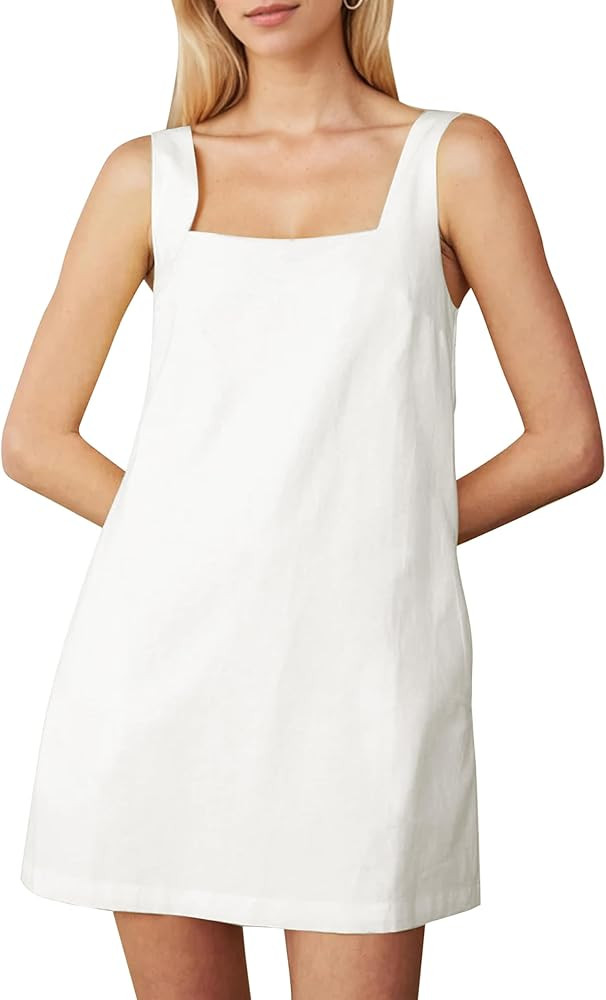 Summer Sleeveless Cotton Linen Mini Dresses for Women Casual Square Neck Backless Short Dress Sol... | Amazon (US)