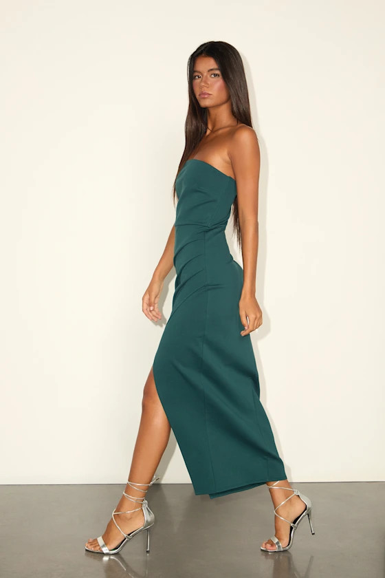 Farah Emerald Green Strapless Midi Dress Winter Midi Dress Winter Midi Wedding Guest Dress Midi | Lulus