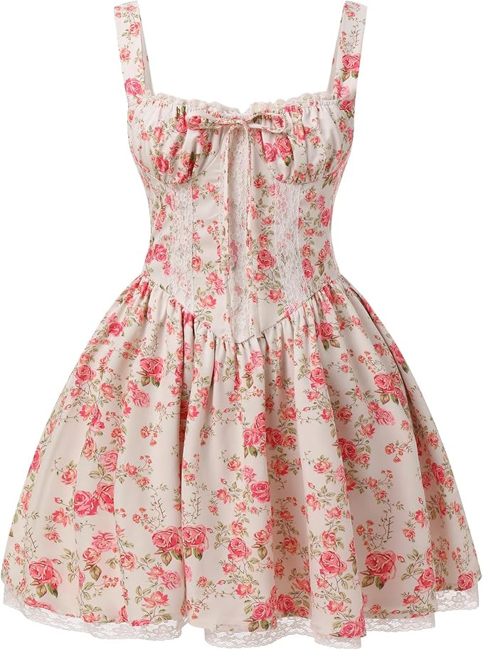 Women’s Floral Printed Corset Dress Spaghetti Strap Flare Summer Midi Dress Lace Trim Cami Dres... | Amazon (US)