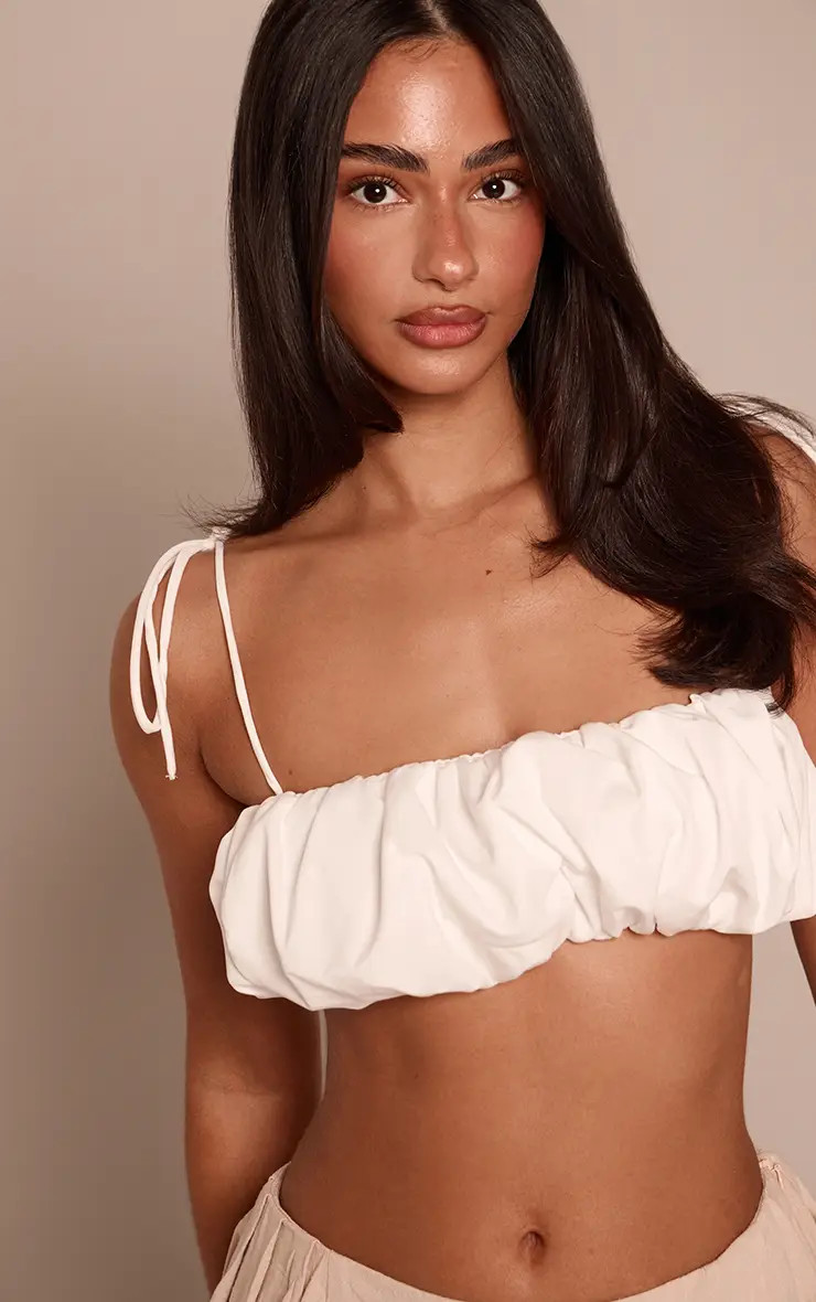 Petite White Ruched Bandeau Tie Top | PrettyLittleThing UK