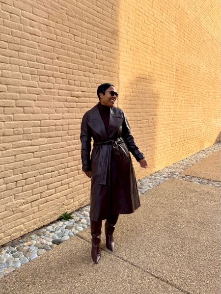Brown faux leather trench coat of my chocolate dreams 🤎 

Faux leather trench coat
Turtleneck midi sweater dress
Brown calf boots

#thanksgivingoutfit
#falloutfit 

#LTKSeasonal #LTKmidsize #LTKstyletip