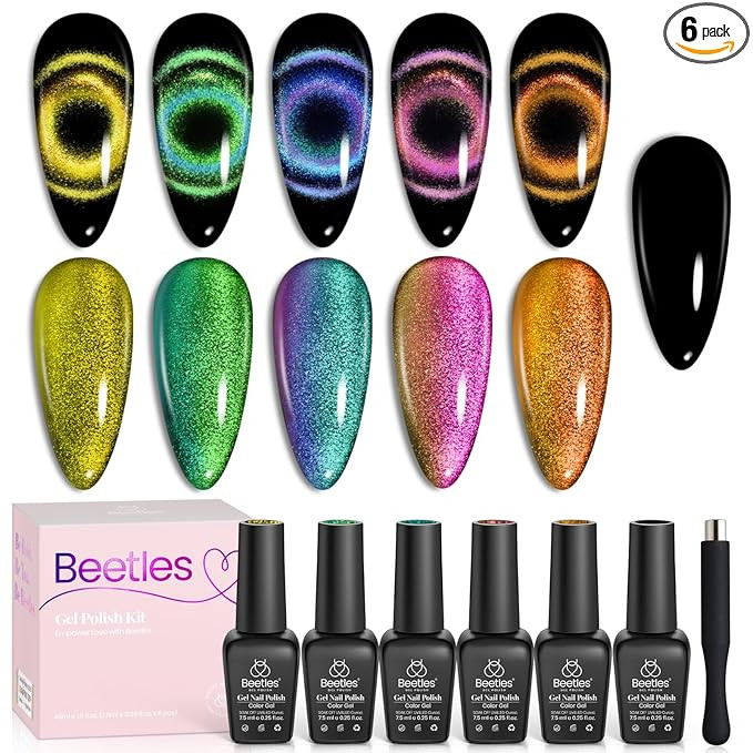 Beetles Cat Eye Gel Nail Polish Set - 6 Colors Halloween Chameleon Cat Eye Black Glitter Red Blue... | Amazon (US)
