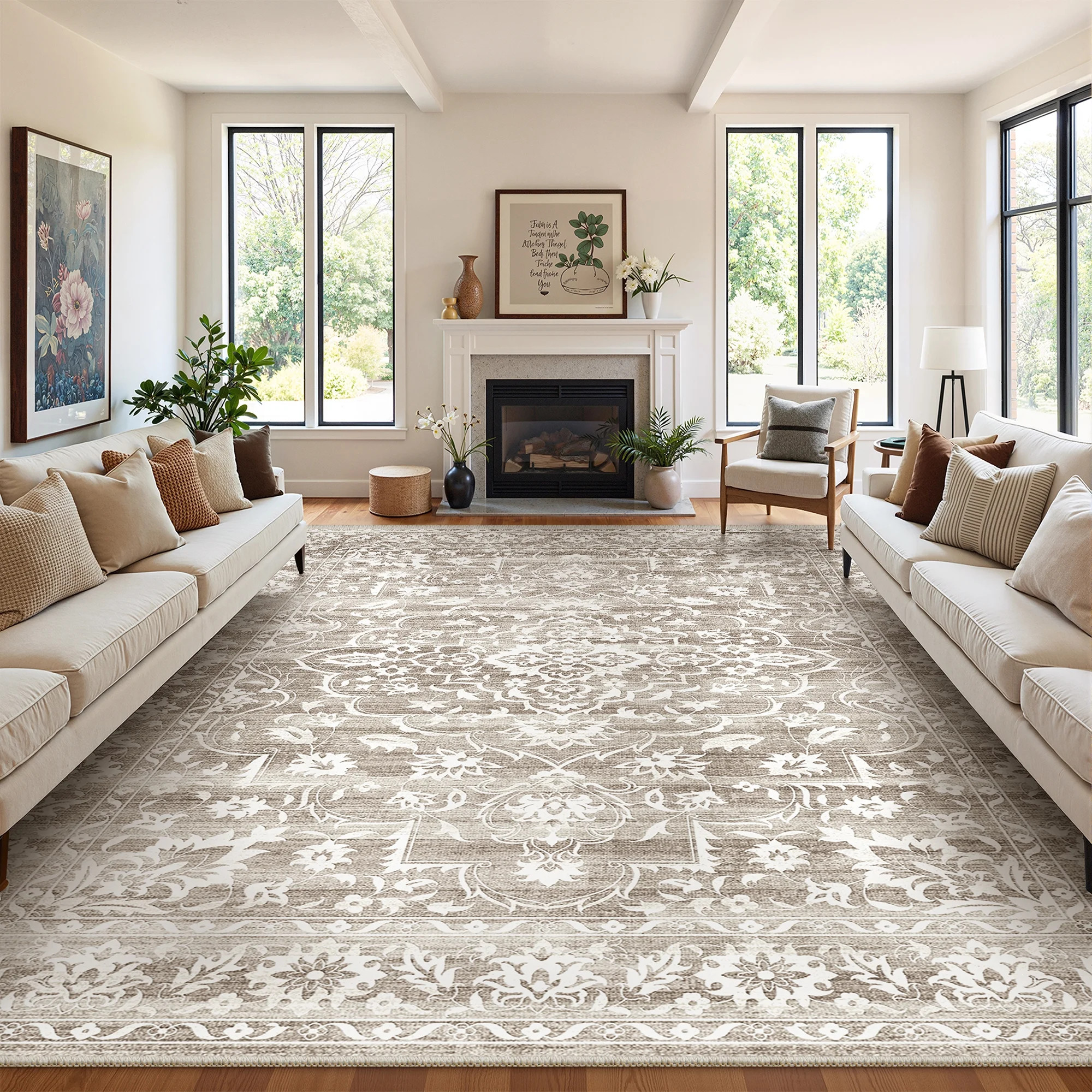 Roxstand 10x14 Area Rugs for Living Room, Stain Resistant Floral Vintage Washable Rugs, Non-Slip Thin Farmhouse Brown Rugs(10'x14', Brown) - Walmart.com | Walmart (US)