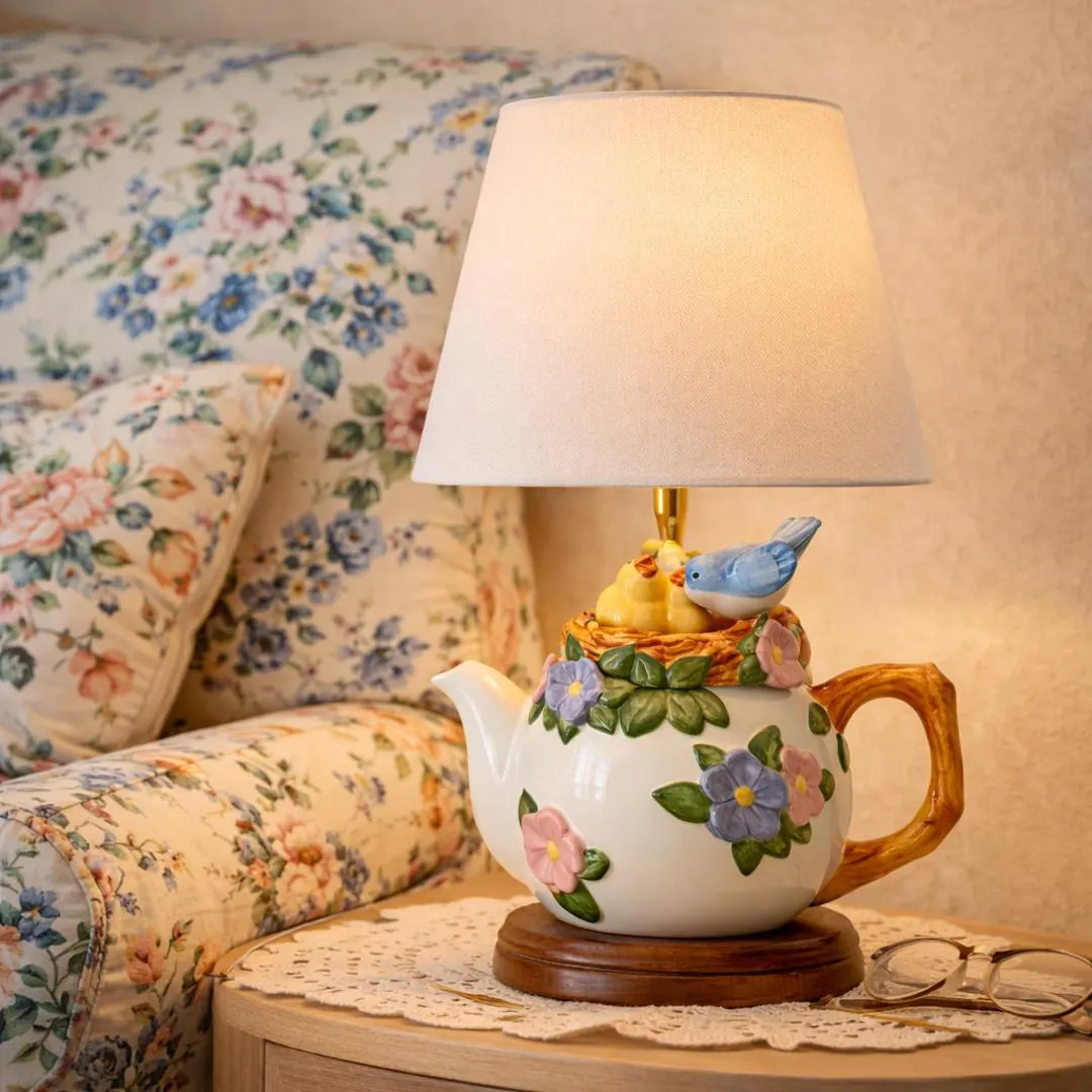 Teapot Table Lamp With Birds Nest, White Shade, Ceramic Base - Etsy | Etsy (US)