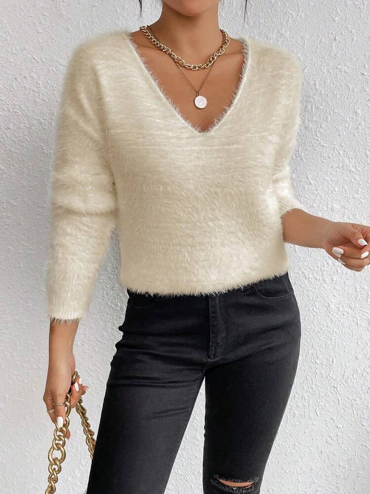 SHEIN LUNE Solide Drop Shoulder Fluffy Knit Trui, Lange Mouw Tops | SHEIN
