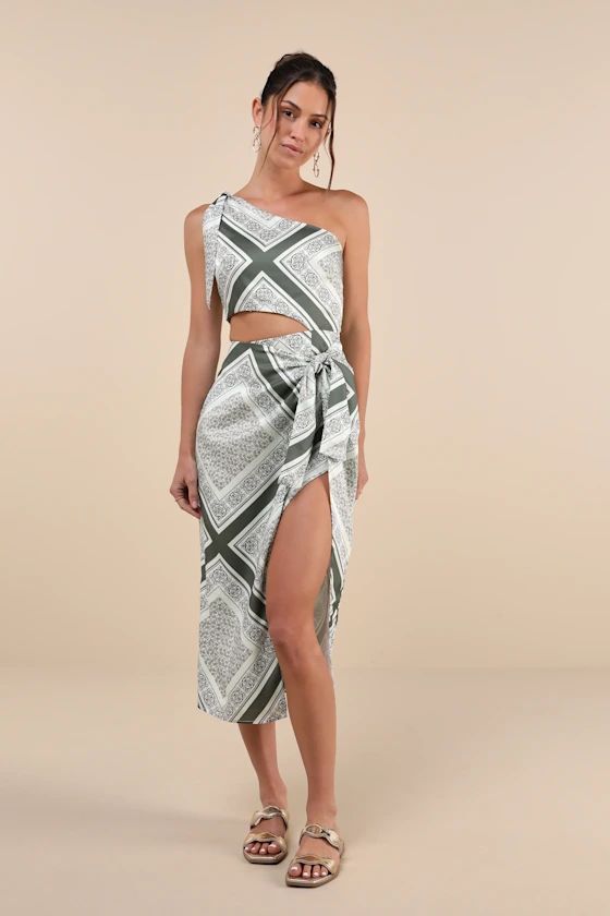 Vacay Beauty Olive Scarf Print One-Shoulder Tie-Strap Midi Dress | Lulus