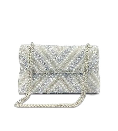 Sweetovo Luxury Beaded Clutch Purse for Women Sparkling Rhinestone Pearl Evening Handbags Chain Shoulder Bags for Party Prom Wedding(Silver-1) | Amazon (US)