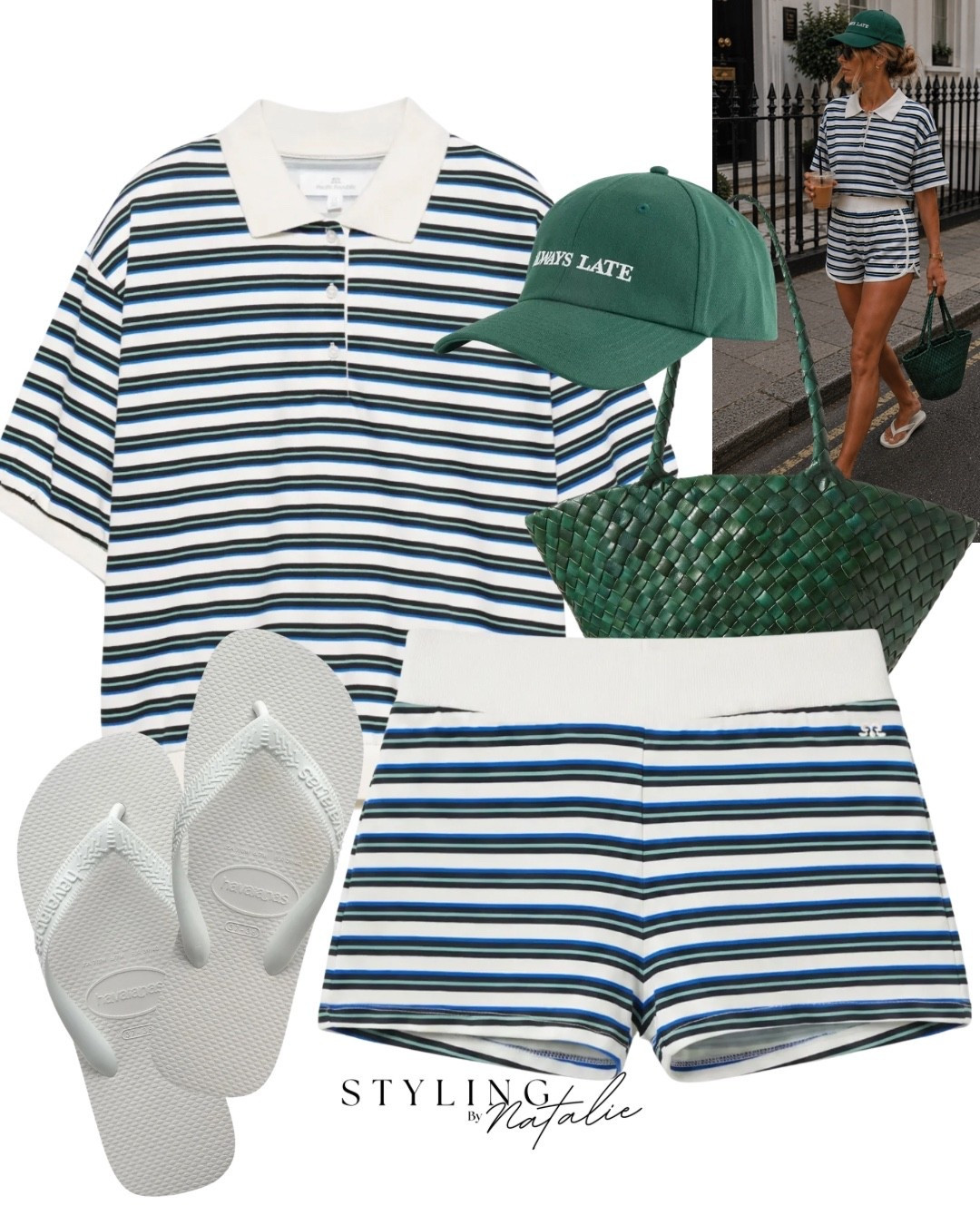 Summer co ord set
Stripe polo shirt and matching pull on shorts, green baseball cap, white Havaianas and green woven tote bag.
Stripes, heatwave style, pull and bear, casual chic, easy everyday look, summer outfit, travel outfit, flip flops, trending fashion #pullandbearcommunity @Pull & Bear

#LTKuk #LTKsummer #LTKtravel