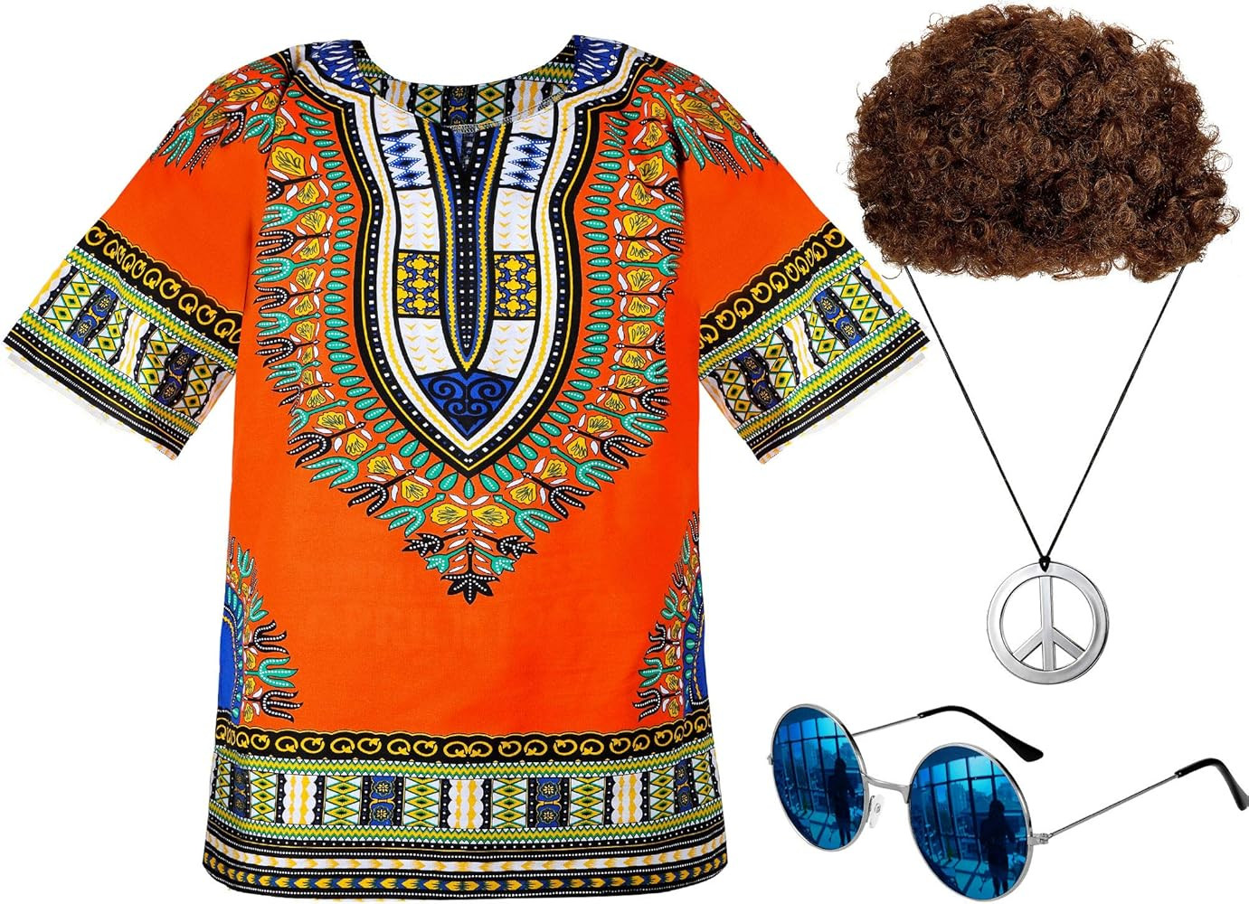 Norme Hippie Costume Set 70s Men's Outfits Hippie Shirt Brown Wig Sunglasses Peace Sign Necklace | Amazon (US)