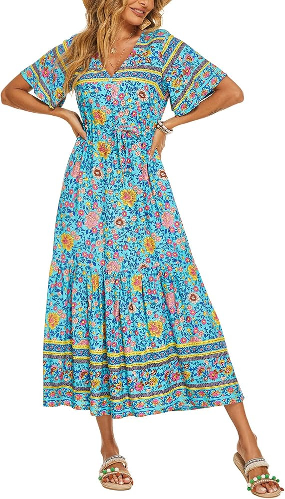 Zeagoo Women's V Neck Bohemian Dress Floral Printed Maxi Dress Short Sleeve Beach Party Dress | Amazon (US)