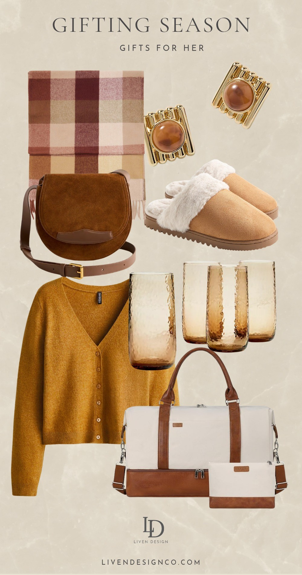 Gift guide. Gift for her. Christmas gift. Slippers. Plaid scarf. Wool scarf. Saddle bag. Leather handbag. Suede bag. Earrings. Cardigan. Sweater. Tinted glassware. Weekender bag. Canvas bag

#LTKGiftGuide #LTKSeasonal #LTKFindsUnder50