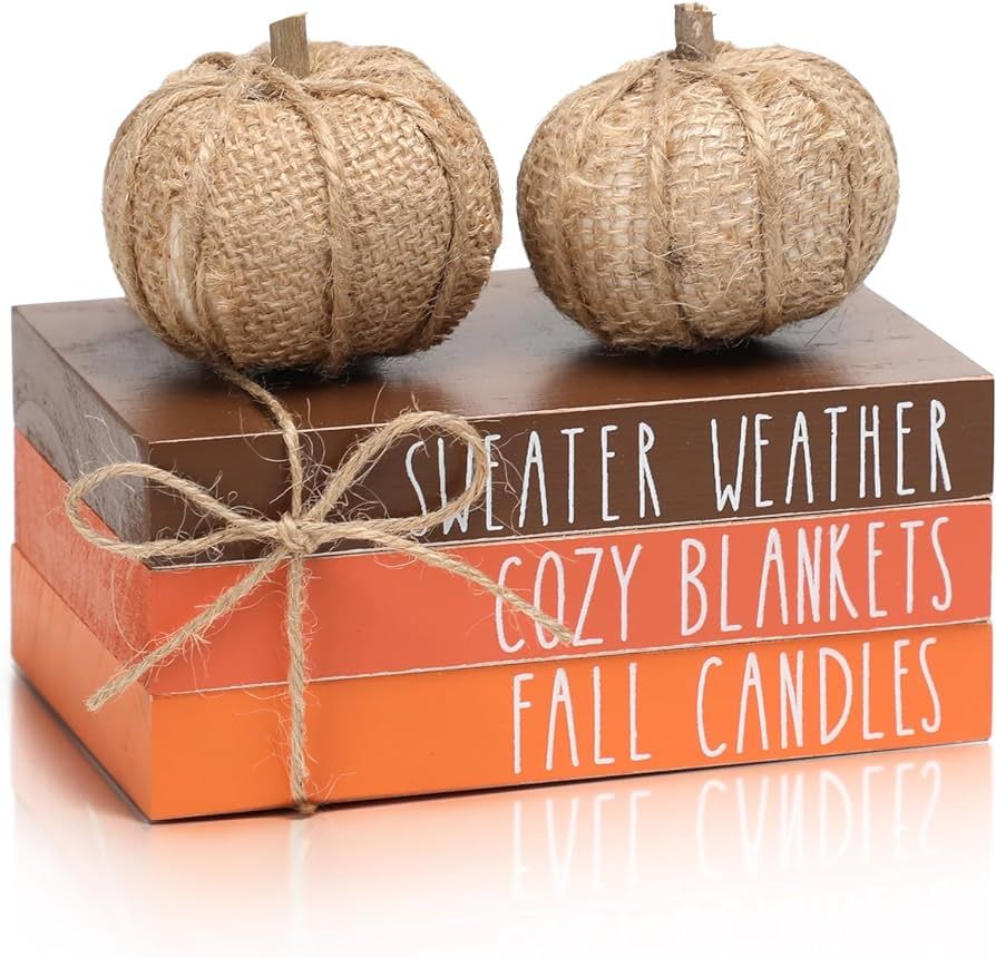 Fall Tiered Tray Decor, Wood Book Stack with Maple Leaves & Pumpkins, Farmhouse Mini Decorative B... | Amazon (US)