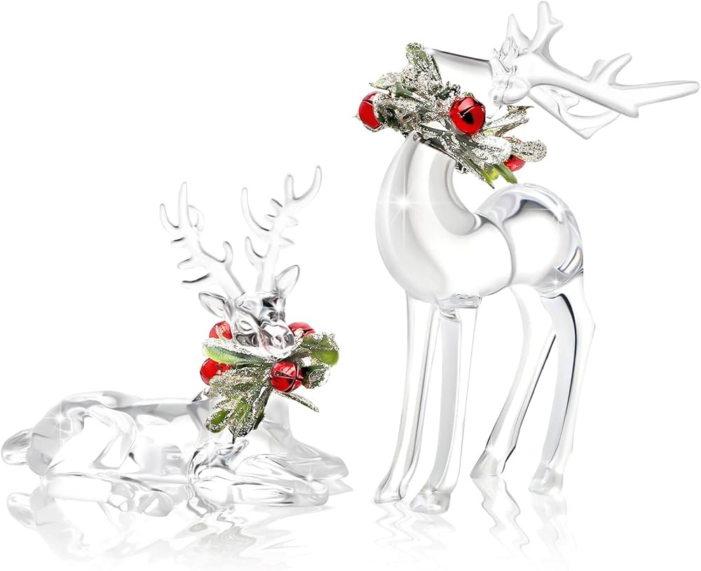 Queekay 2 Pcs Acrylic Christmas Reindeer Ornaments Clear Deer Figurine and Reindeer Table Top Dec... | Amazon (US)