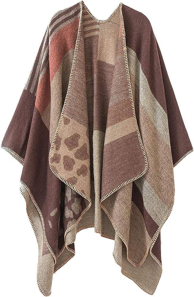 Women's Plaid Sweater Poncho Cape Coat Open Front Blanket Shawls and Wraps | Amazon (US)