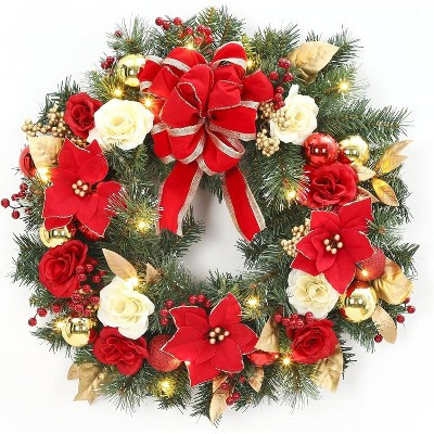 24" Christmas Wreath, Artificial Christmas Decorations with LED Lights, Indoor and Outdoor Holiday Decorative Wreath for Door, Window, Wall, Red | Target